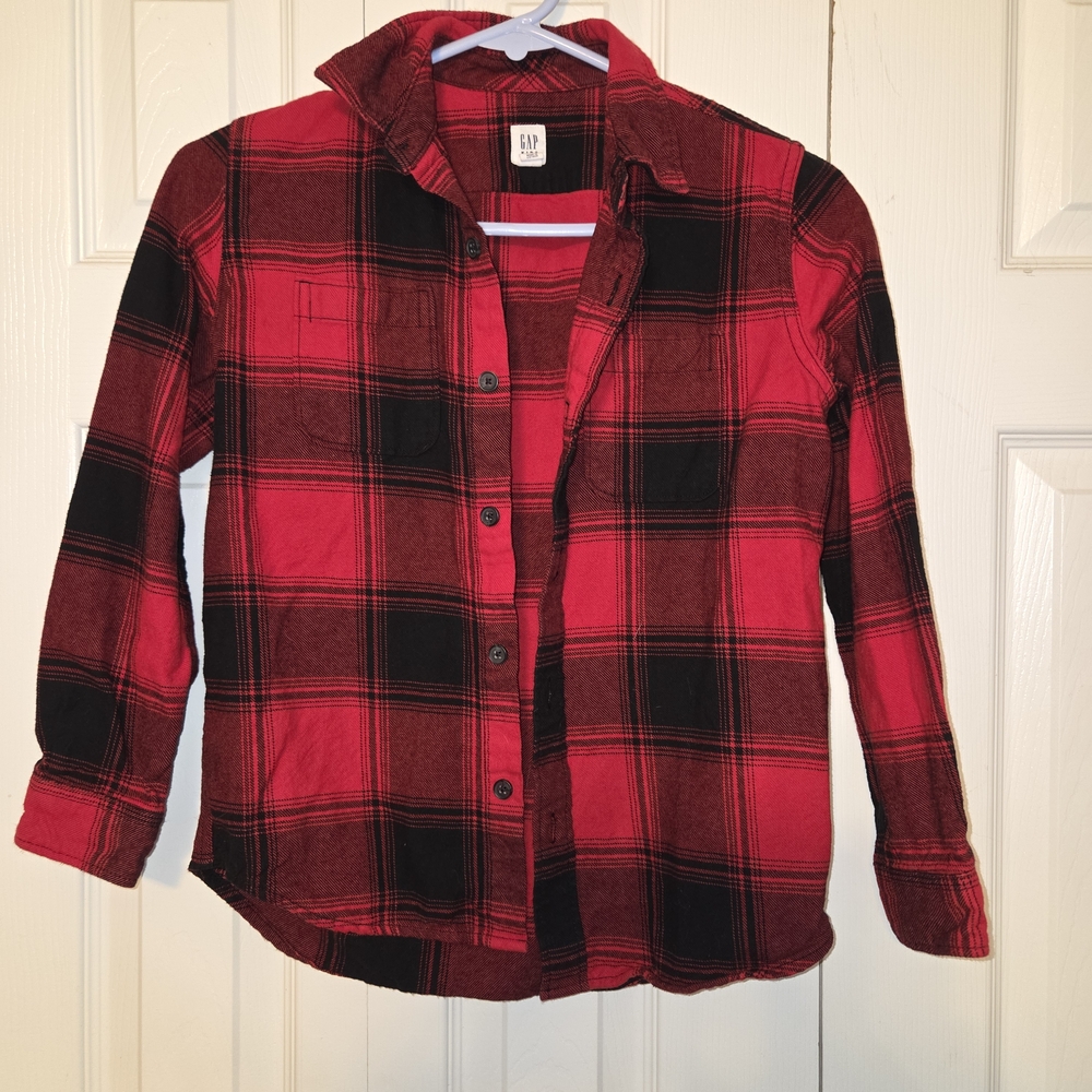 GAP Kids Red and Black Checkered Button Down Flannel Shirt